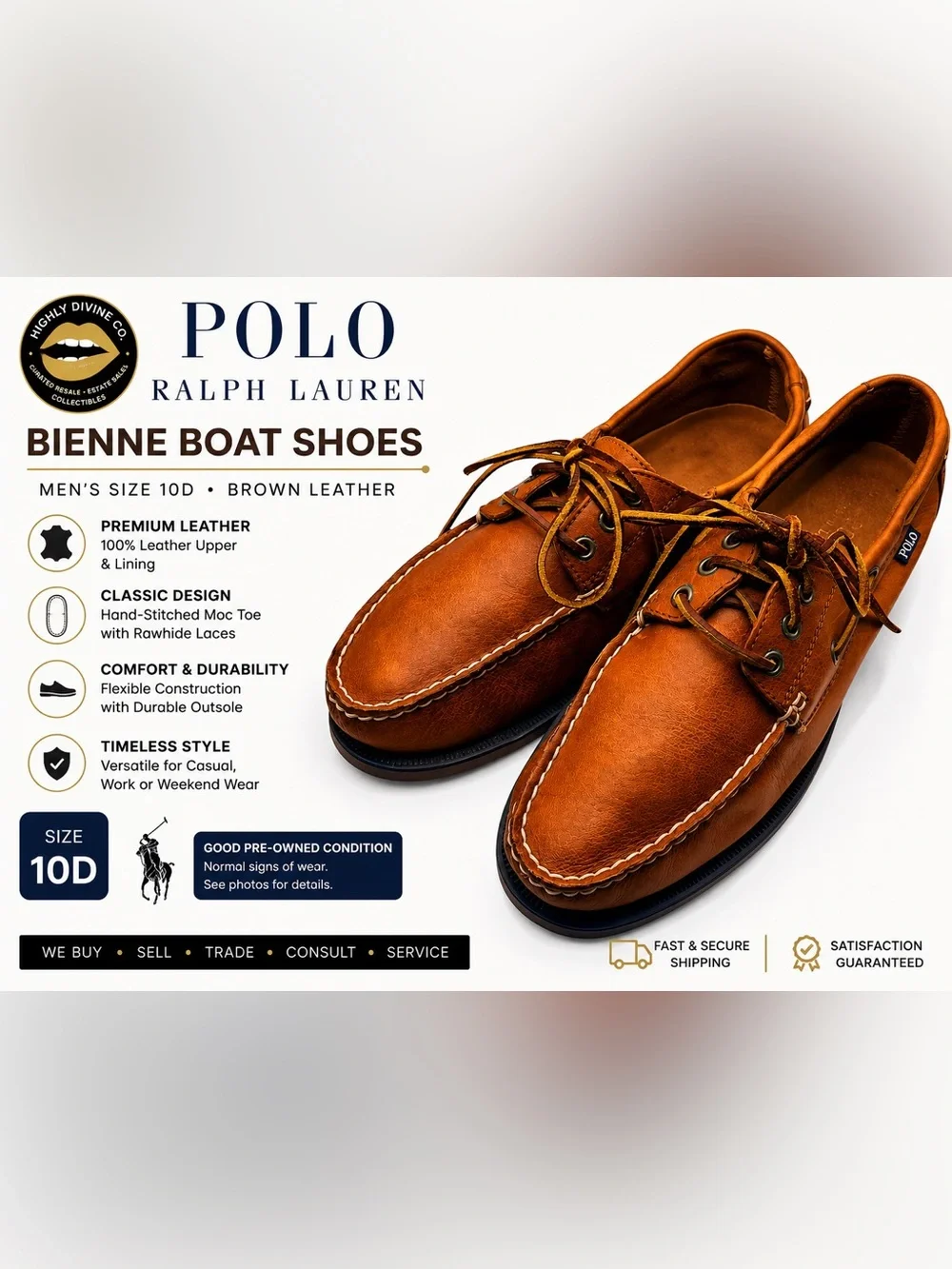 Polo Ralph Lauren Bienne Leather Boat Shoes Men’s 10D Brown Moc Lace-Up Casual